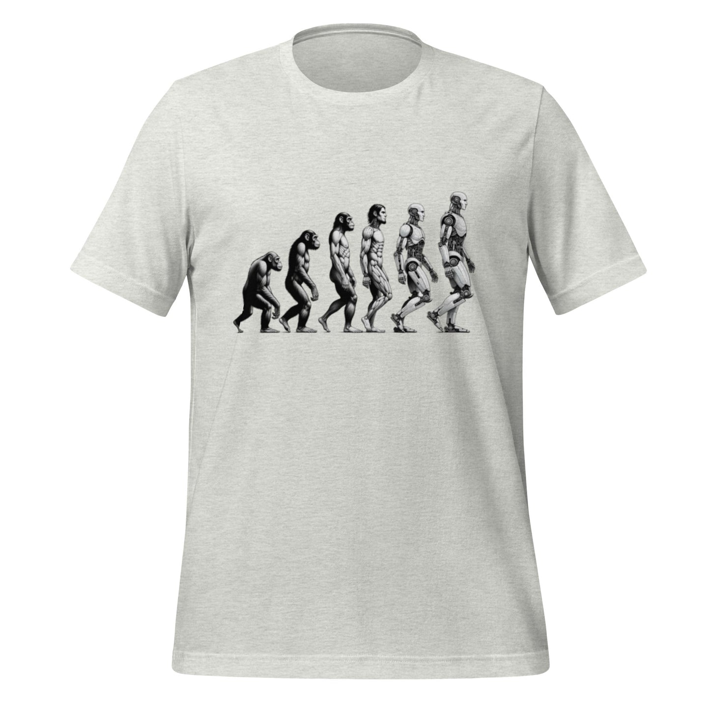 Product mockup photo of the Human Evolution to Robot T Shirt (unisex) Ash / M.