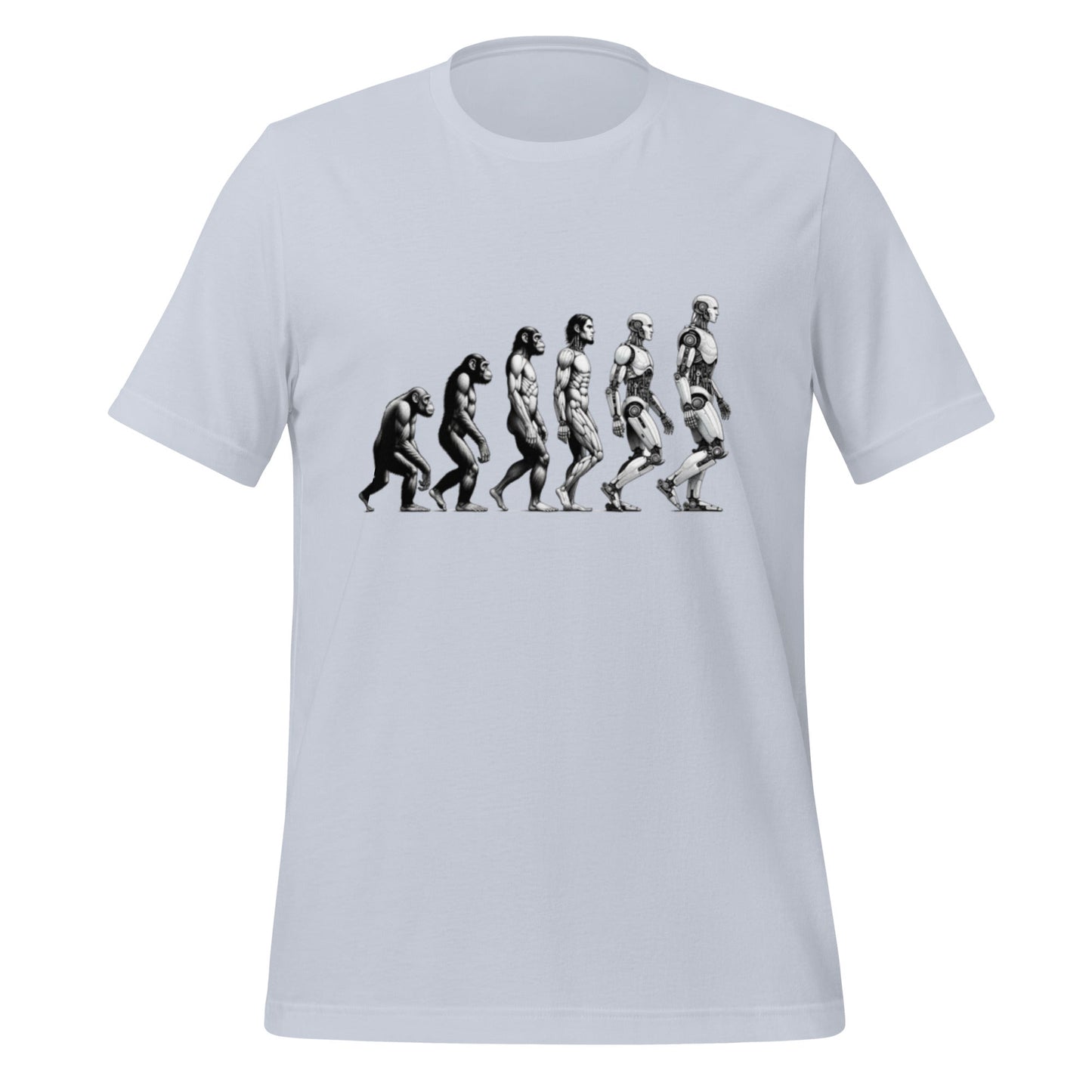 Product mockup photo of the Human Evolution to Robot T Shirt (unisex) Light Blue / M.