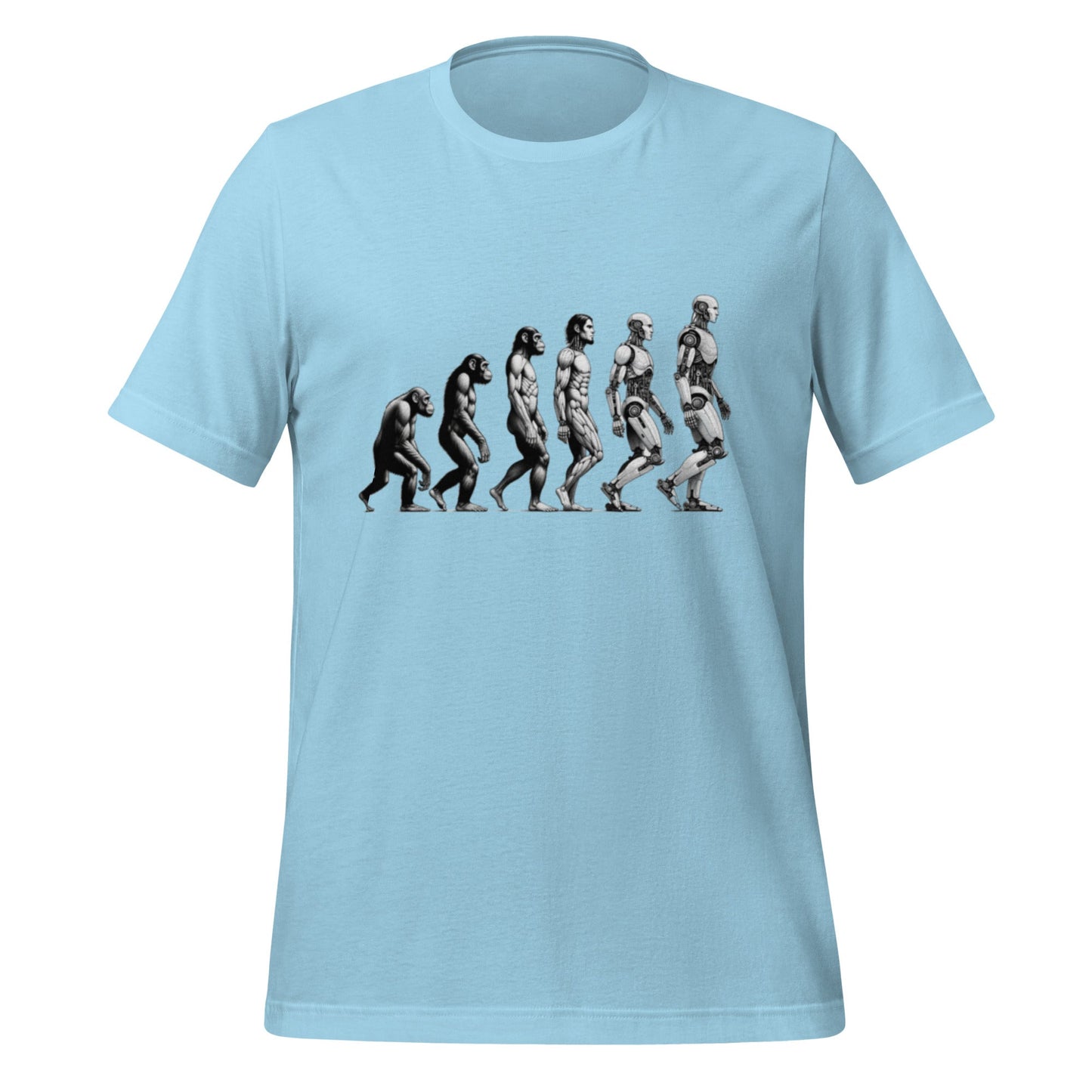 Product mockup photo of the Human Evolution to Robot T Shirt (unisex) Ocean Blue / M.