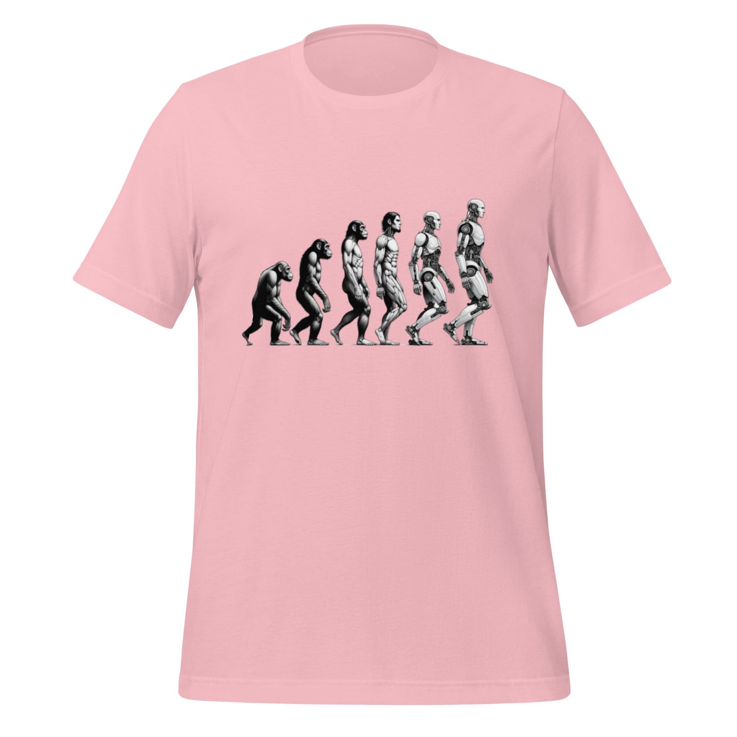 Product mockup photo of the Human Evolution to Robot T Shirt (unisex) Pink / M.
