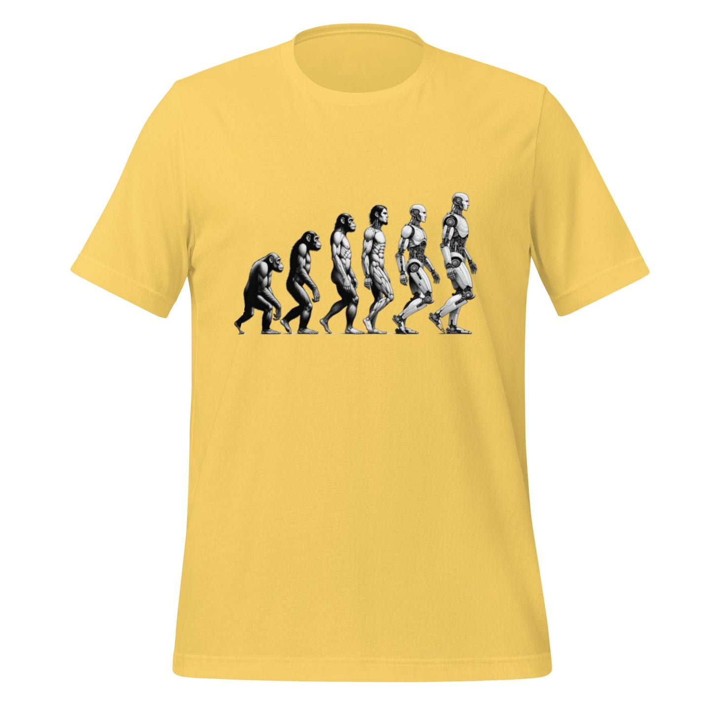 Product mockup photo of the Human Evolution to Robot T Shirt (unisex) Yellow / M.