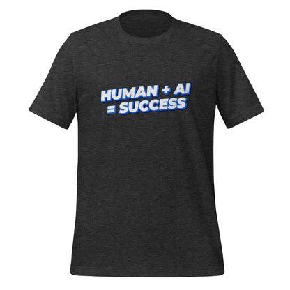 Product mockup photo of the Human Plus AI Equals Success T Shirt (unisex) Dark Grey Heather / M.