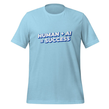 Product mockup photo of the Human Plus AI Equals Success T Shirt (unisex) Ocean Blue / M.