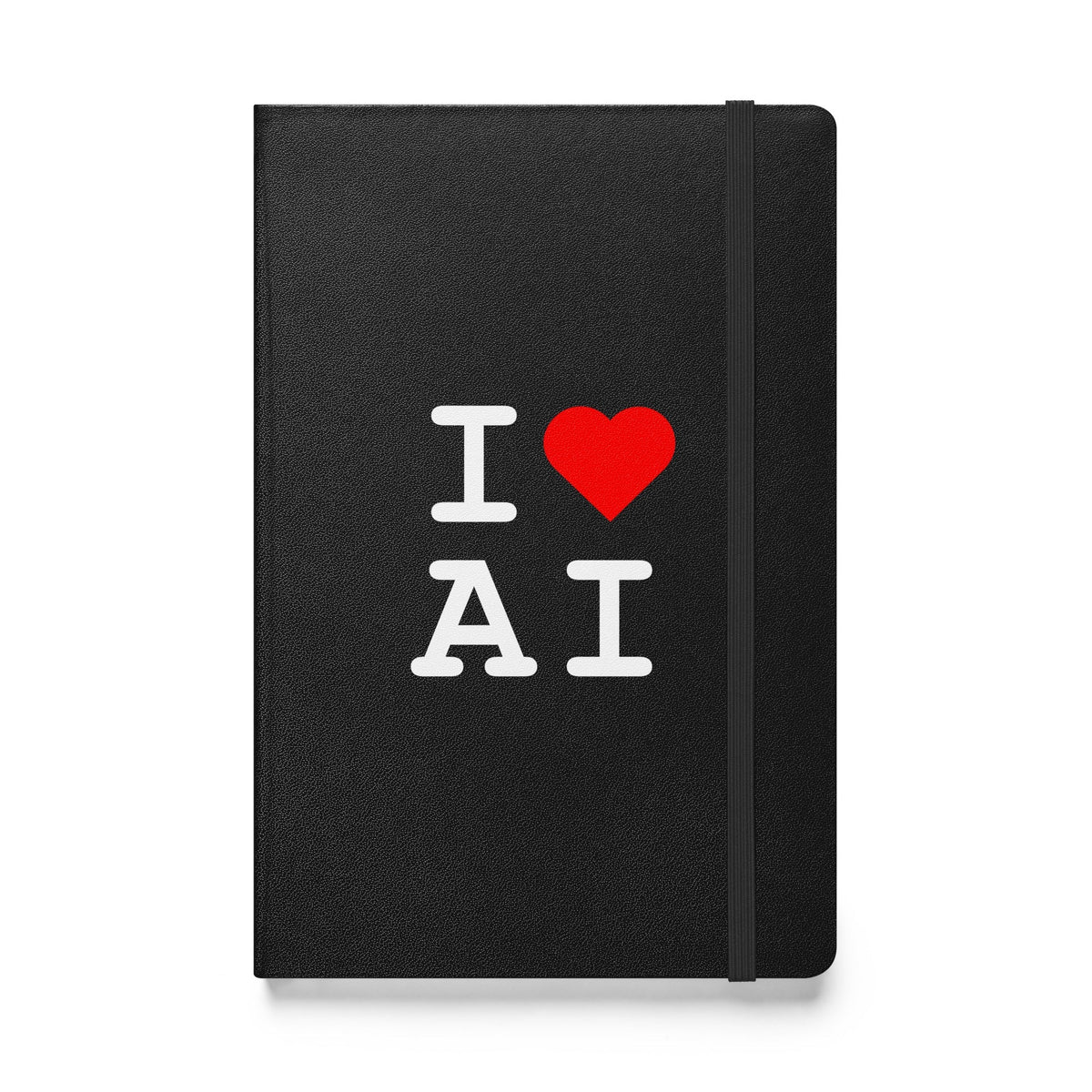 Product mockup photo of the I Heart AI Hardcover Bound Notebook 1 Black.