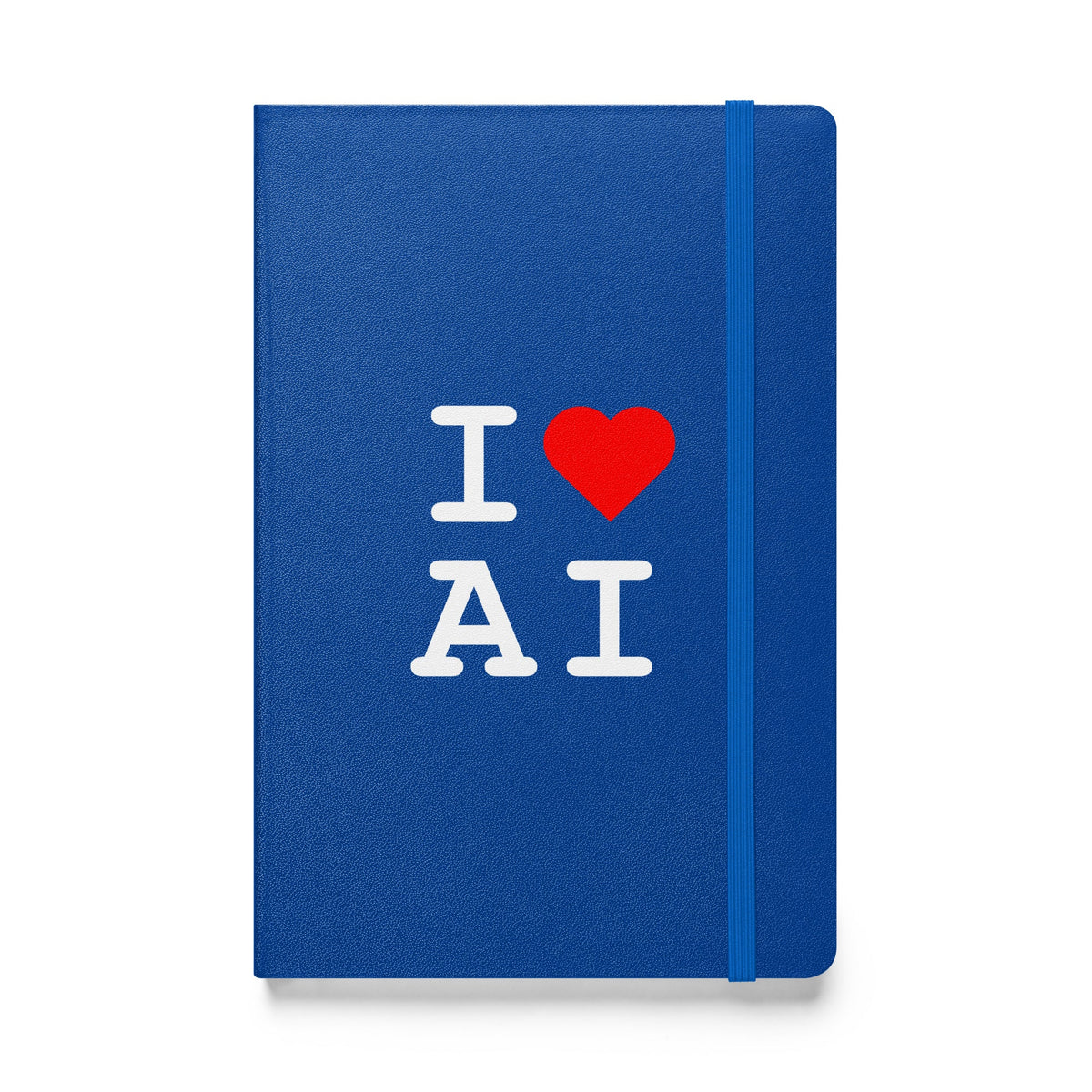 Product mockup photo of the I Heart AI Hardcover Bound Notebook 1 Blue.