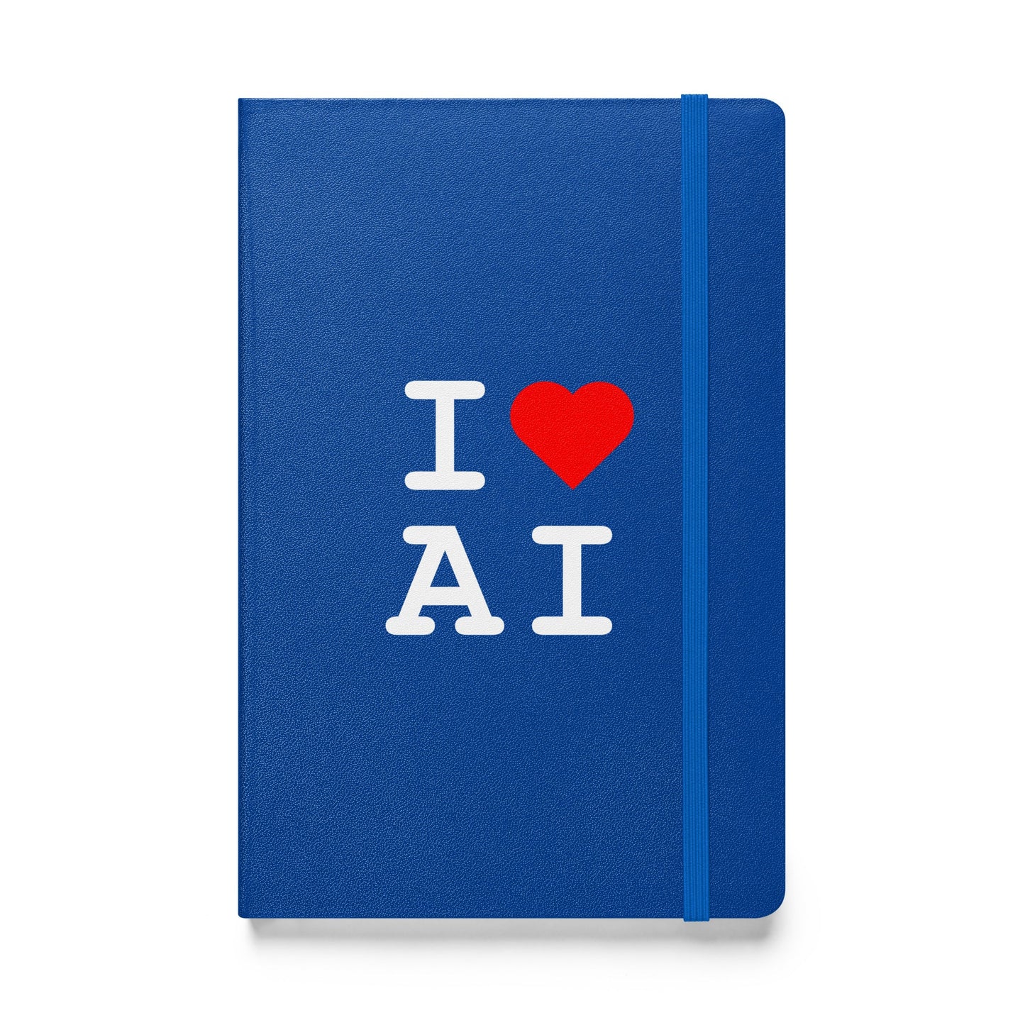 Product mockup photo of the I Heart AI Hardcover Bound Notebook 1 Blue.
