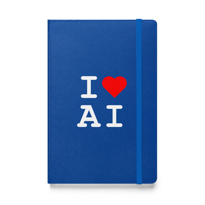 Product mockup photo of the I Heart AI Hardcover Bound Notebook 1 Blue.
