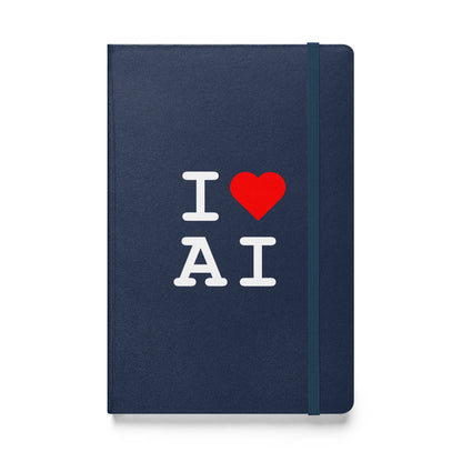 Product mockup photo of the I Heart AI Hardcover Bound Notebook 1 Navy.