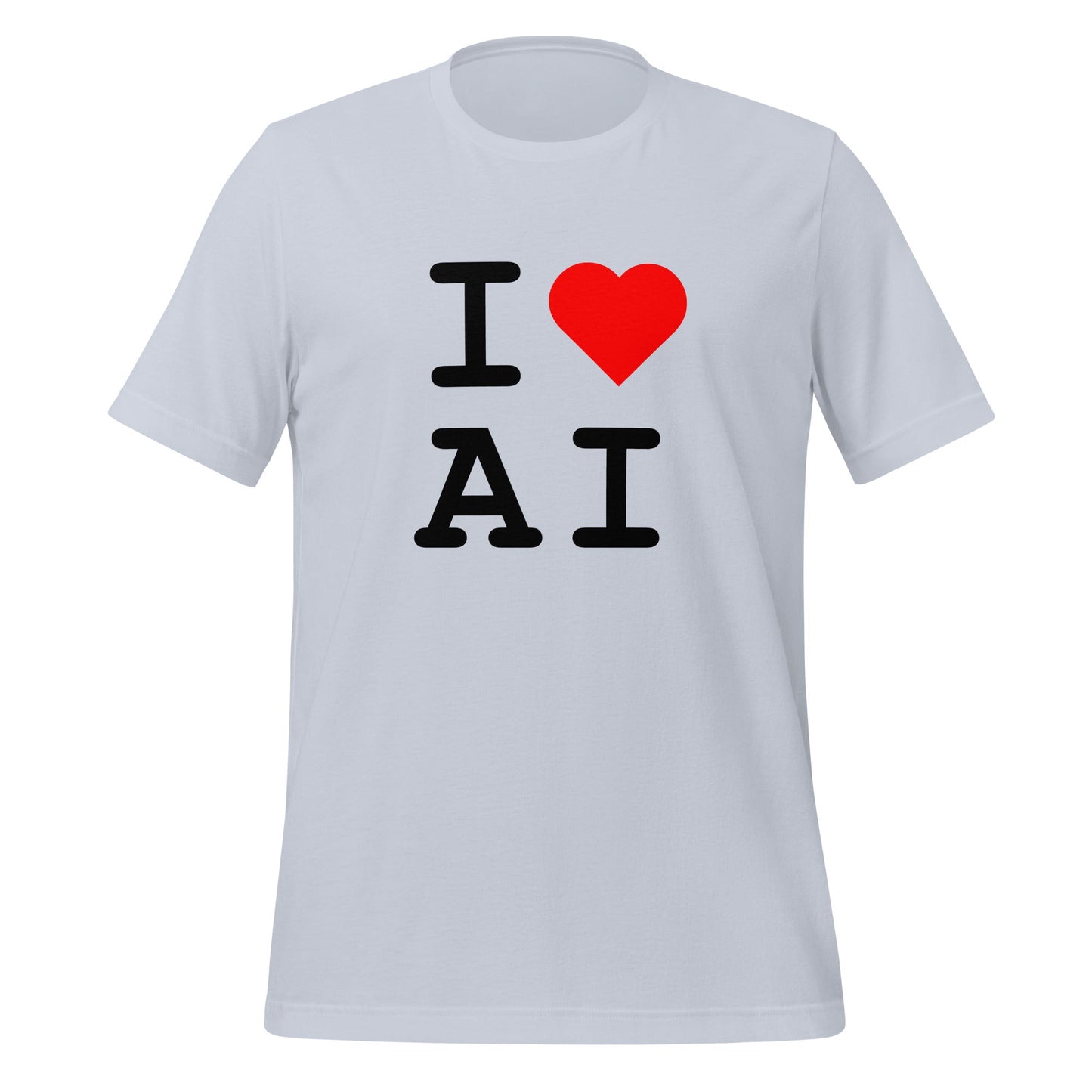 Mockup image of the I Heart AI T Shirt 2 (unisex) Light Blue / M.