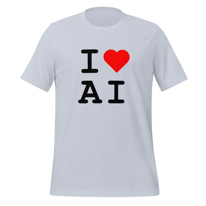 Mockup image of the I Heart AI T Shirt 2 (unisex) Light Blue / M.