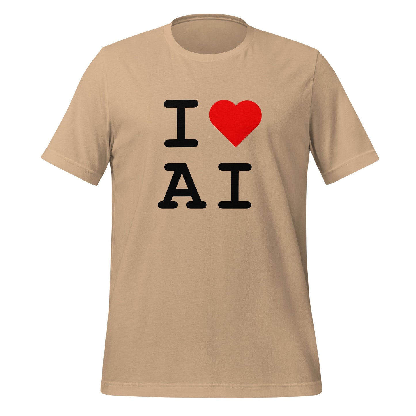 Mockup image of the I Heart AI T Shirt 2 (unisex) Tan / M.