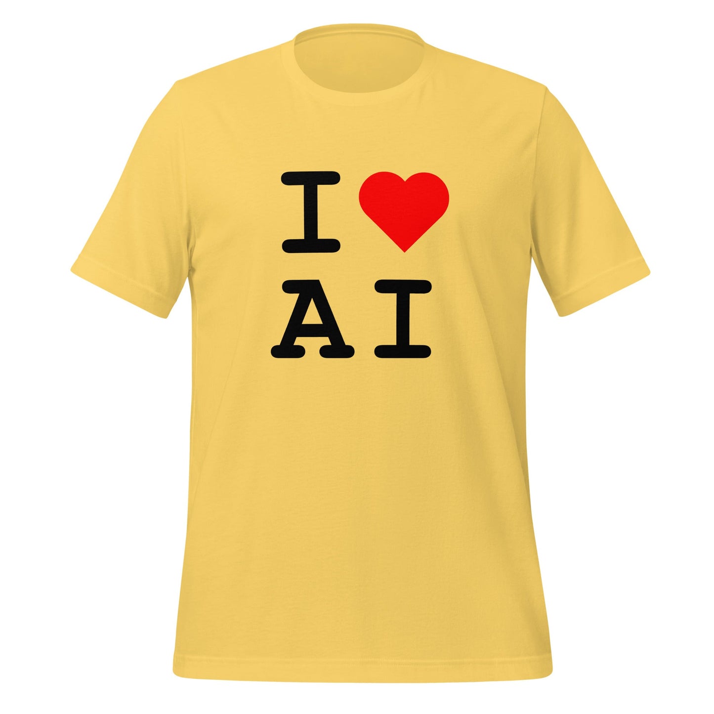 Mockup image of the I Heart AI T Shirt 2 (unisex) Yellow / M.