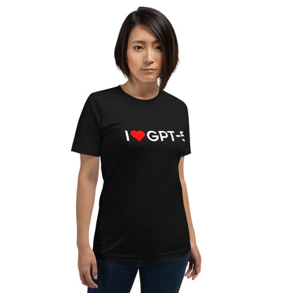 Product mockup photo of the I Heart GPT 5 T Shirt (unisex).