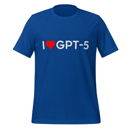 Product mockup photo of the I Heart GPT 5 T Shirt (unisex) True Royal / M.