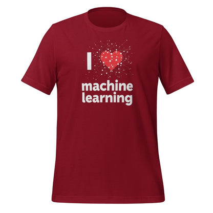 Product mockup photo of the I Heart Machine Learning T Shirt 2 (unisex) Cardinal / M.