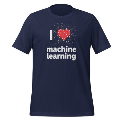 Product mockup photo of the I Heart Machine Learning T Shirt 2 (unisex) Navy / M.