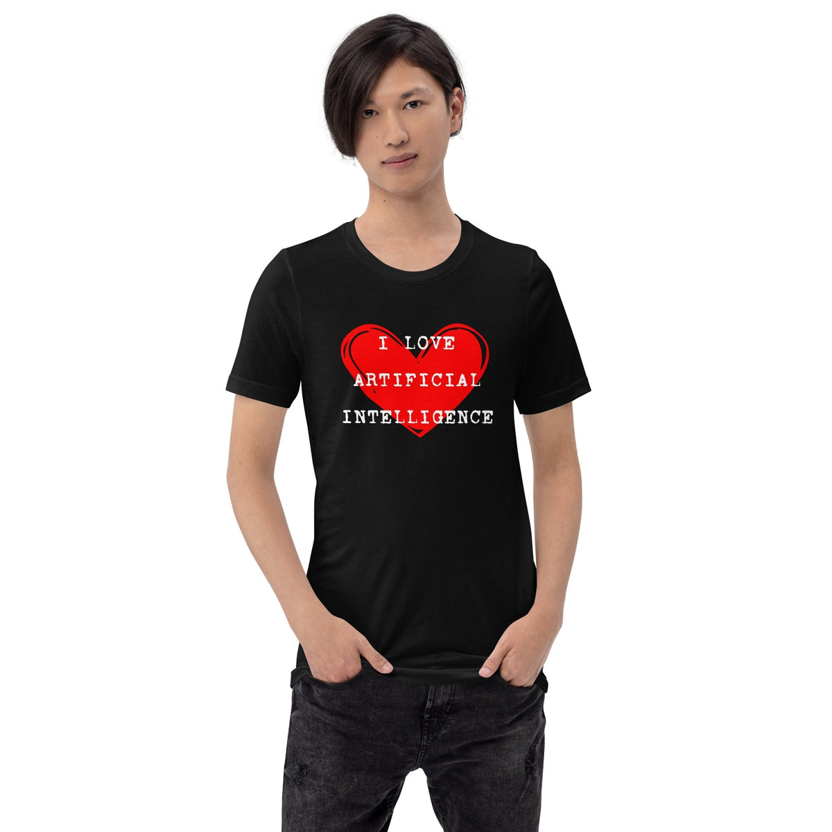 Product mockup photo of the I LOVE ARTIFICIAL INTELLIGENCE T Shirt (unisex).