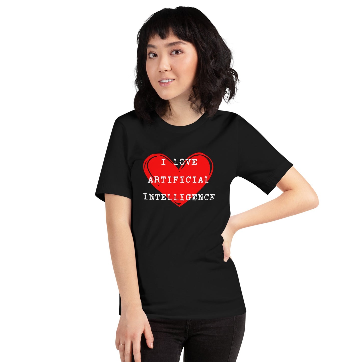 Product mockup photo of the I LOVE ARTIFICIAL INTELLIGENCE T Shirt (unisex).