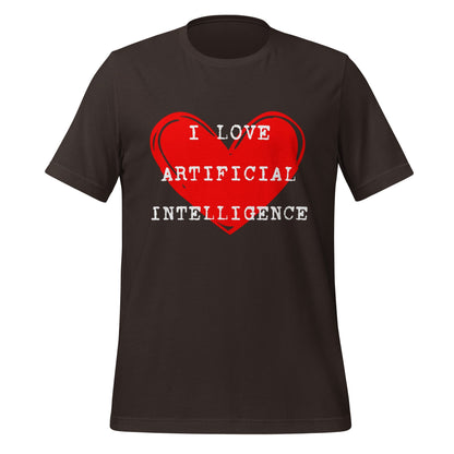 Product mockup photo of the I LOVE ARTIFICIAL INTELLIGENCE T Shirt (unisex) Brown / M.