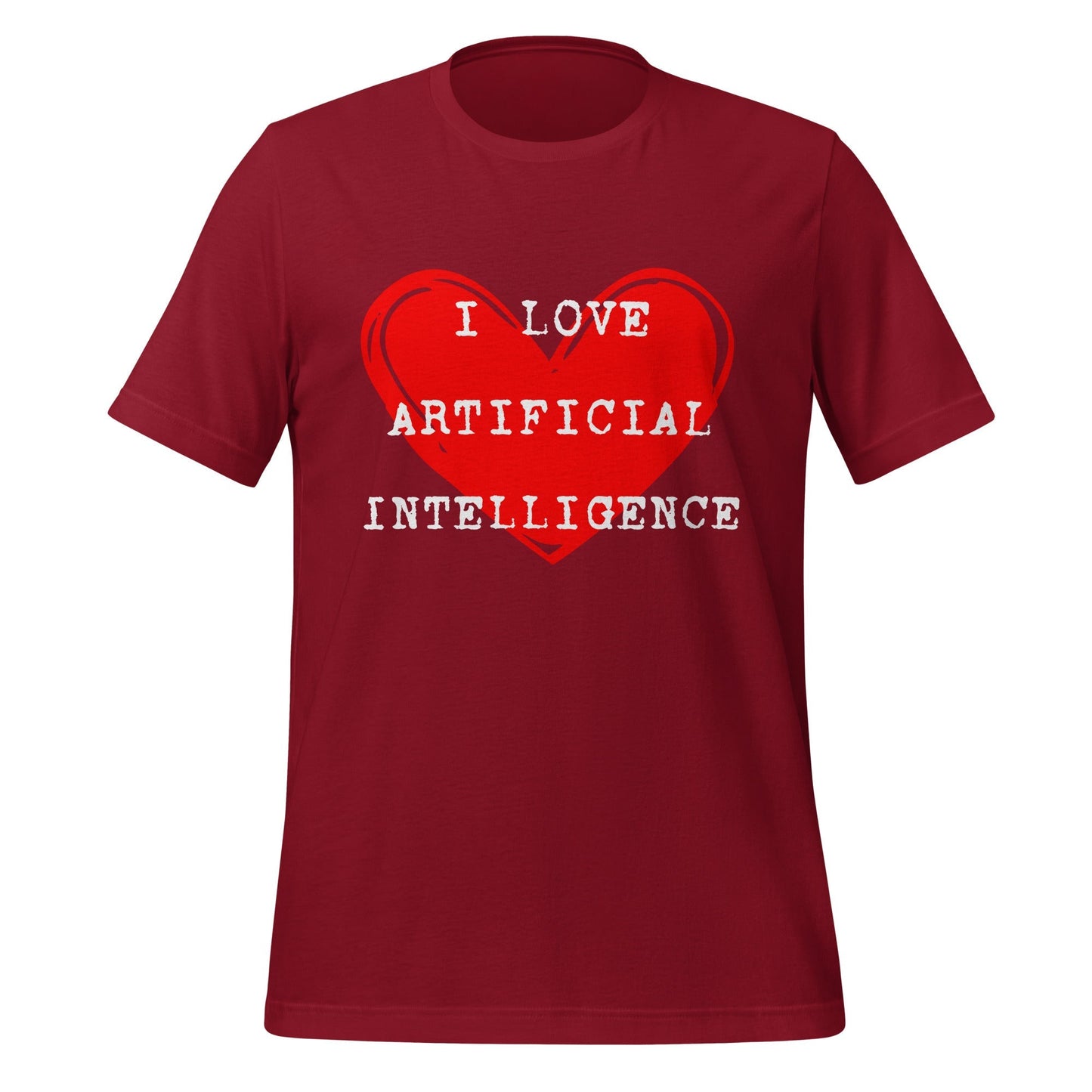 Product mockup photo of the I LOVE ARTIFICIAL INTELLIGENCE T Shirt (unisex) Cardinal / M.