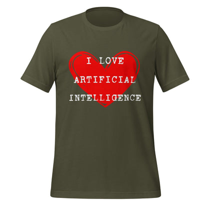 Product mockup photo of the I LOVE ARTIFICIAL INTELLIGENCE T Shirt (unisex) Military Green / M.