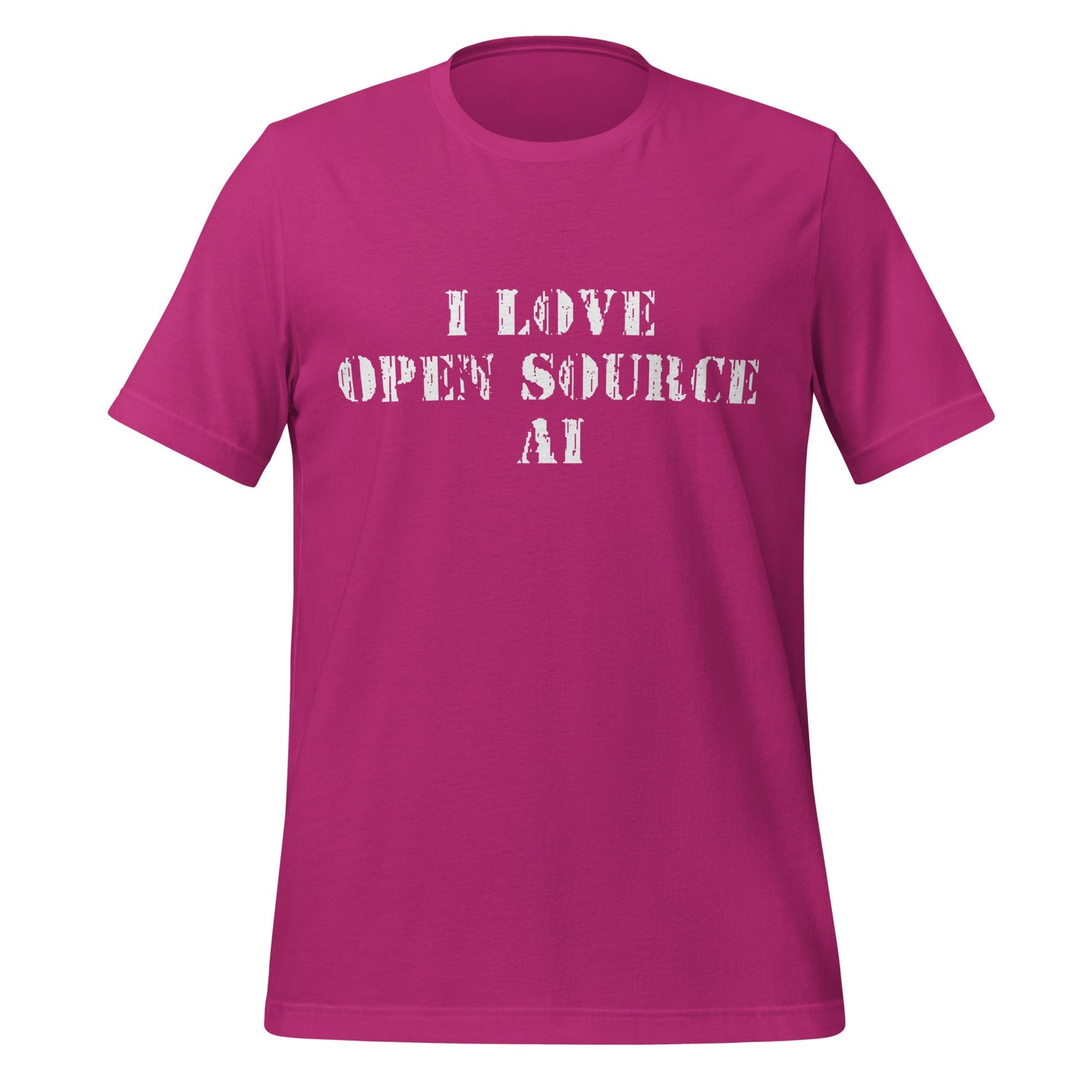 Product mockup photo of the I Love Open Source AI T Shirt (unisex) Berry / M.