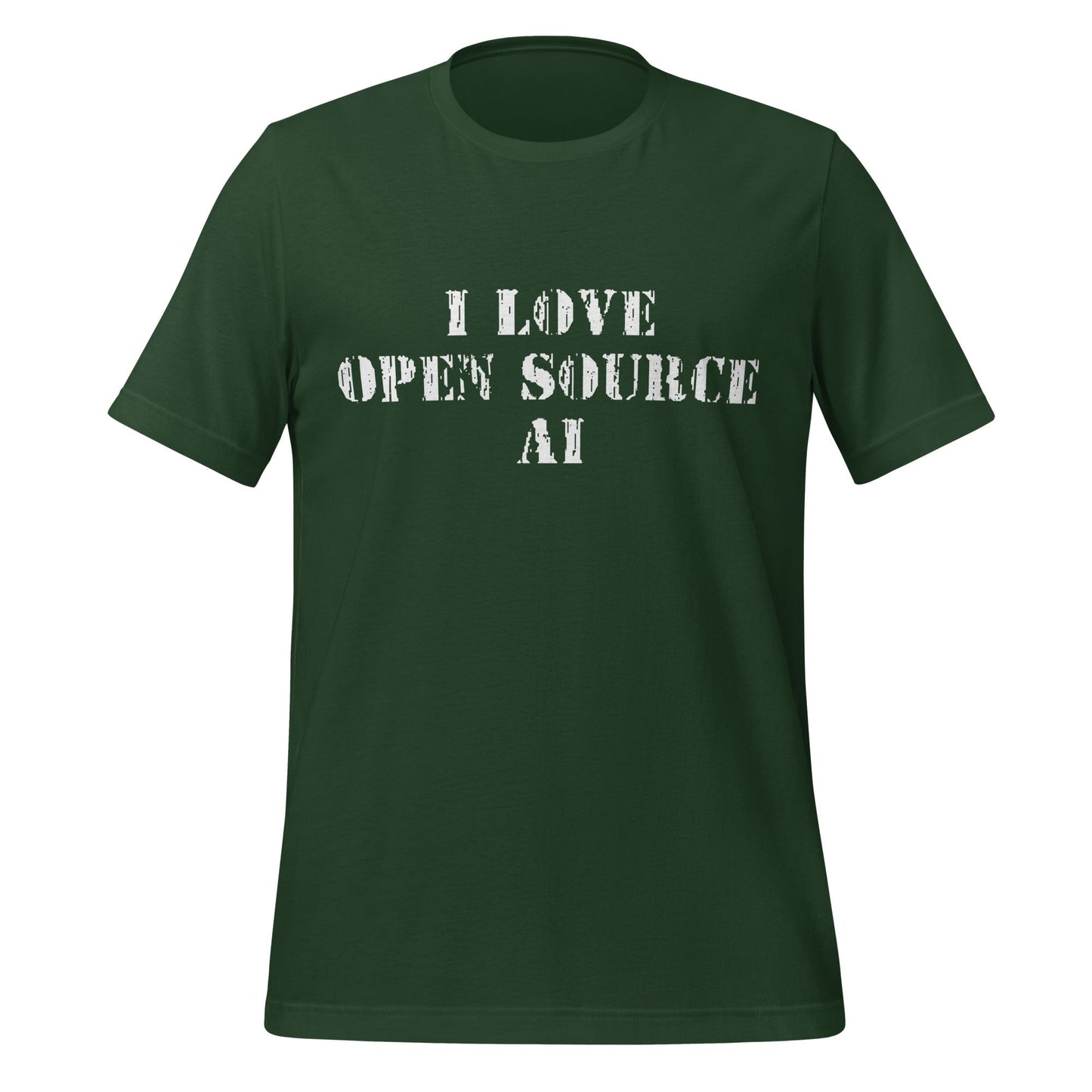 Product mockup photo of the I Love Open Source AI T Shirt (unisex) Forest / M.