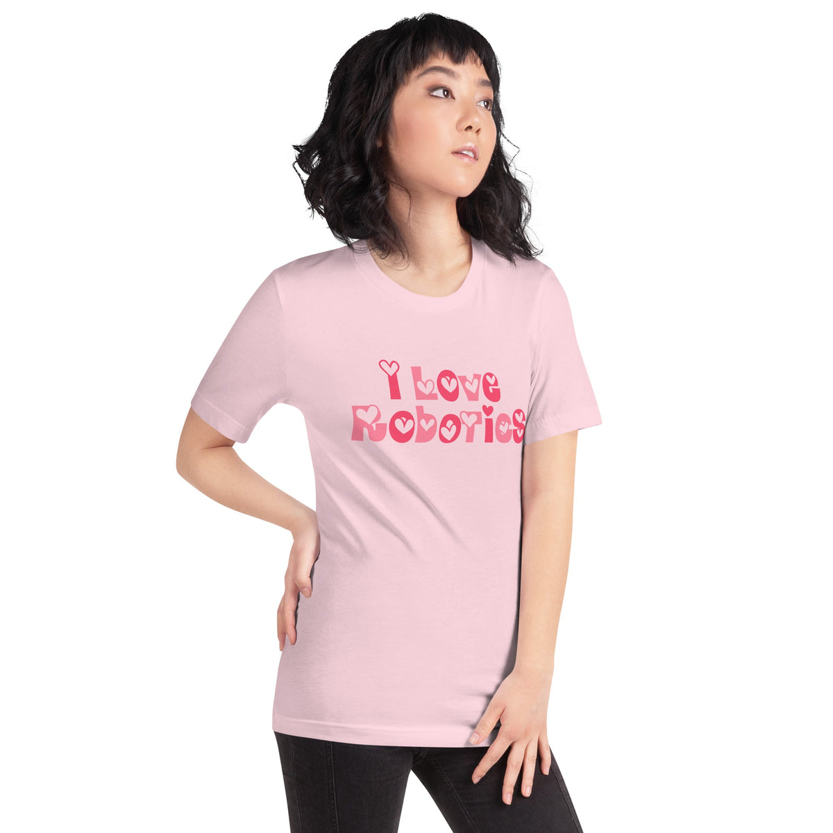 Product mockup photo of the I Love Robotics T Shirt (unisex).