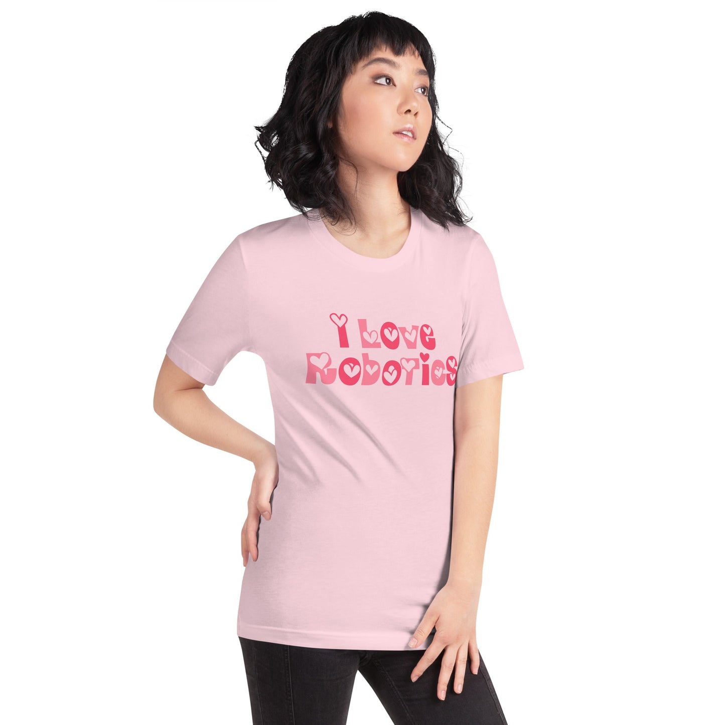 Product mockup photo of the I Love Robotics T Shirt (unisex).