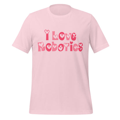 Product mockup photo of the I Love Robotics T Shirt (unisex) Soft Pink / M.