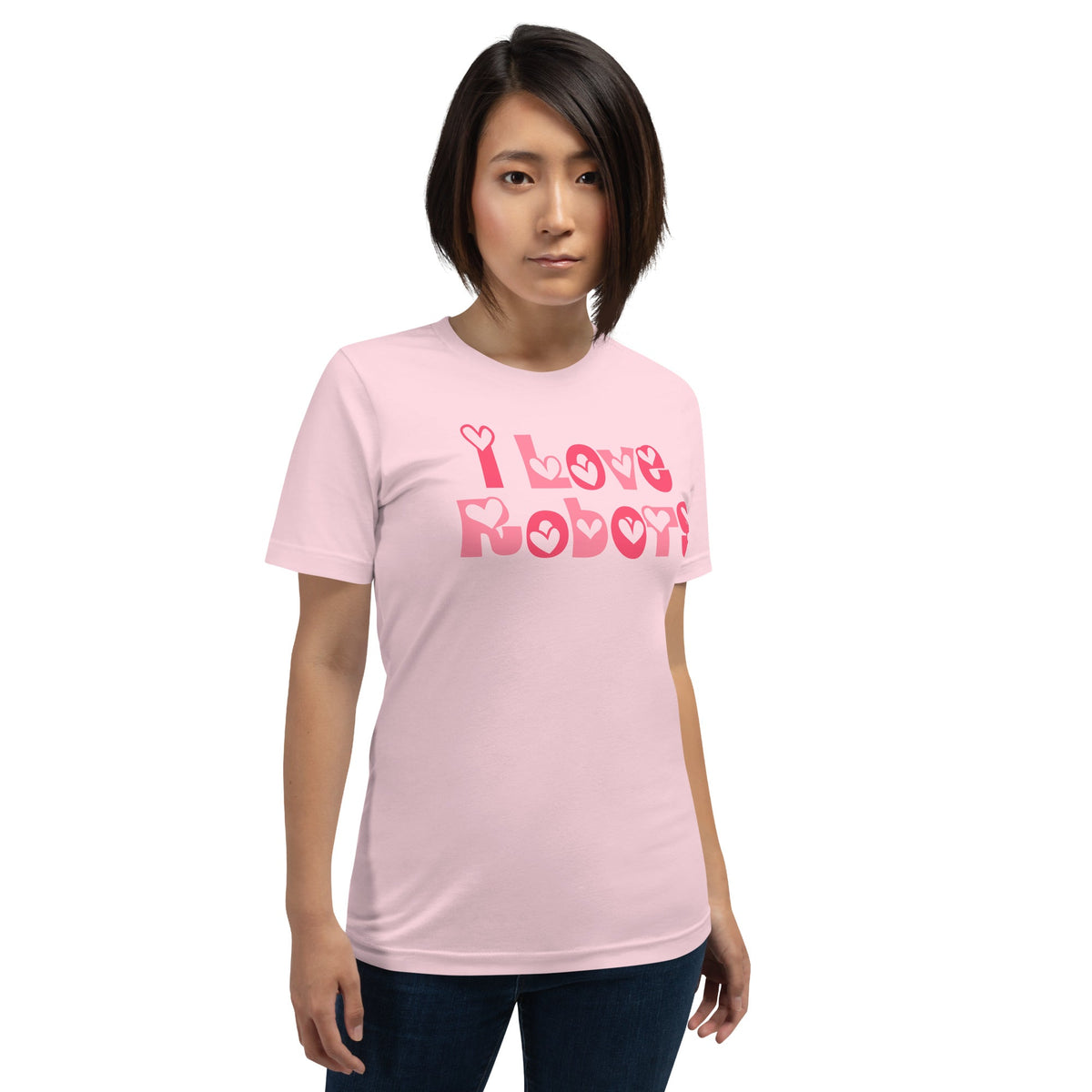Product mockup photo of the I Love Robots T Shirt (unisex).