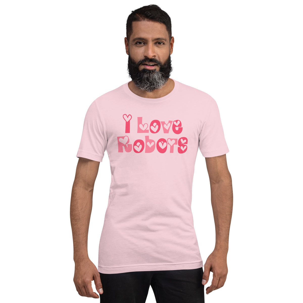 Product mockup photo of the I Love Robots T Shirt (unisex).