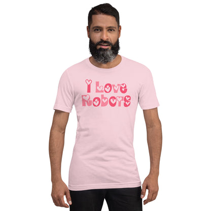 Product mockup photo of the I Love Robots T Shirt (unisex).