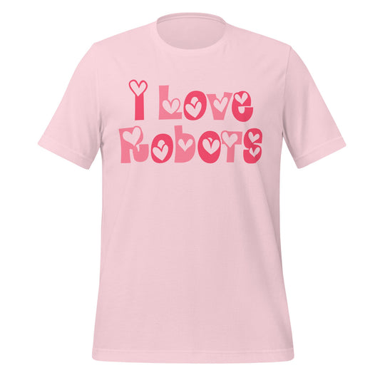 Product mockup photo of the I Love Robots T Shirt (unisex) Soft Pink / M.