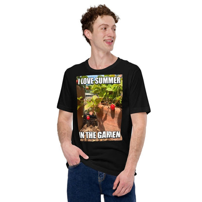 Product mockup photo of the I Love Summer in the Garden @sama Meme T Shirt (unisex).