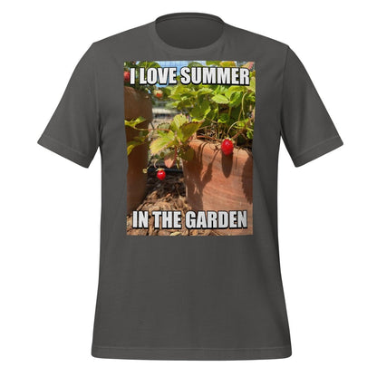 Product mockup photo of the I Love Summer in the Garden @sama Meme T Shirt (unisex) Asphalt / M.