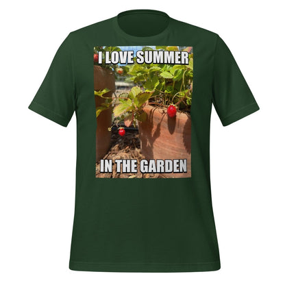 Product mockup photo of the I Love Summer in the Garden @sama Meme T Shirt (unisex) Forest / M.