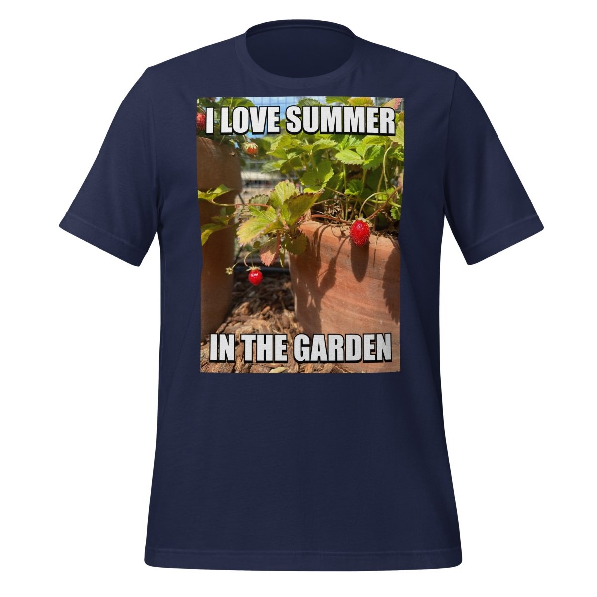 Product mockup photo of the I Love Summer in the Garden @sama Meme T Shirt (unisex) Navy / M.
