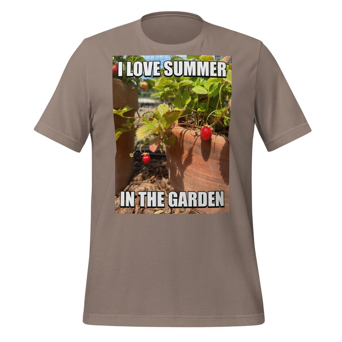 Product mockup photo of the I Love Summer in the Garden @sama Meme T Shirt (unisex) Pebble / M.