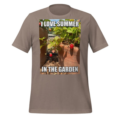 Product mockup photo of the I Love Summer in the Garden @sama Meme T Shirt (unisex) Pebble / M.