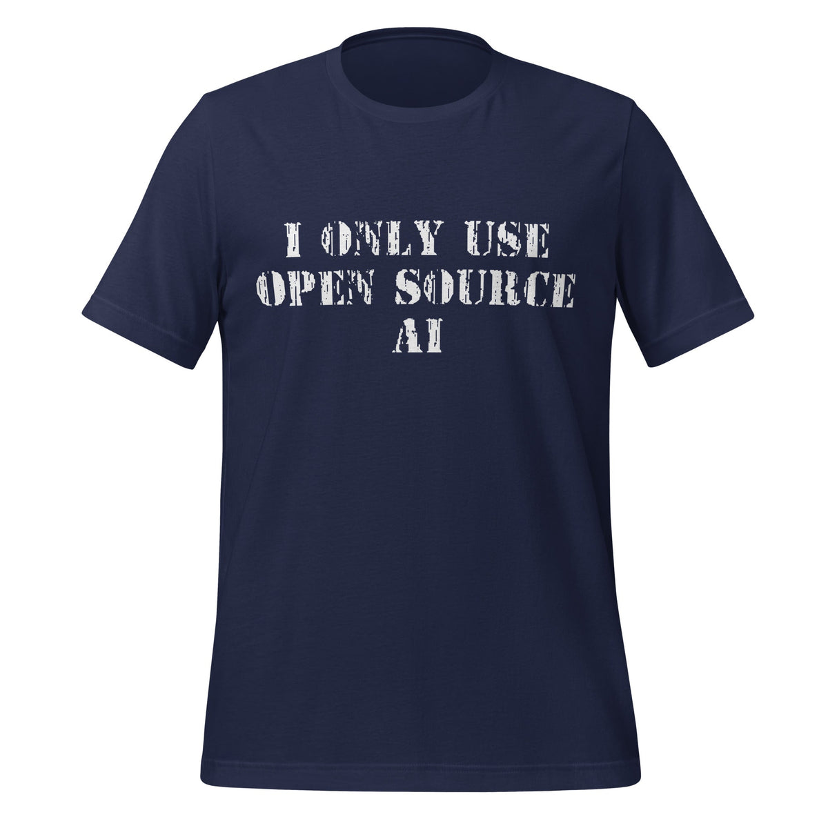 Product mockup photo of the I Only Use Open Source AI T Shirt (unisex) Navy / M.