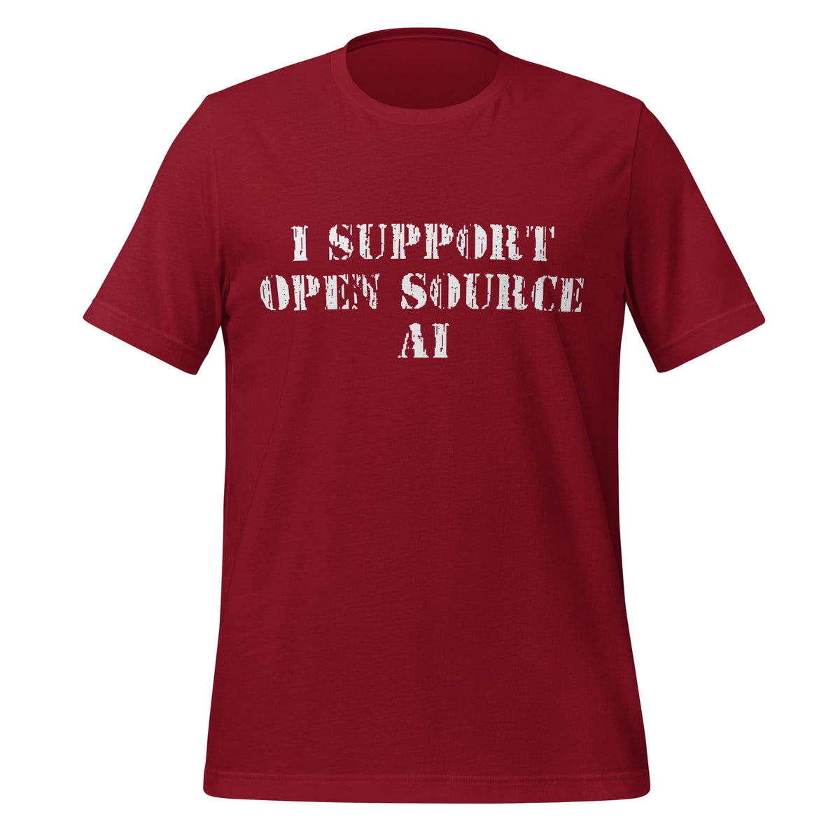Product mockup photo of the I Support Open Source AI T Shirt (unisex) Cardinal / M.