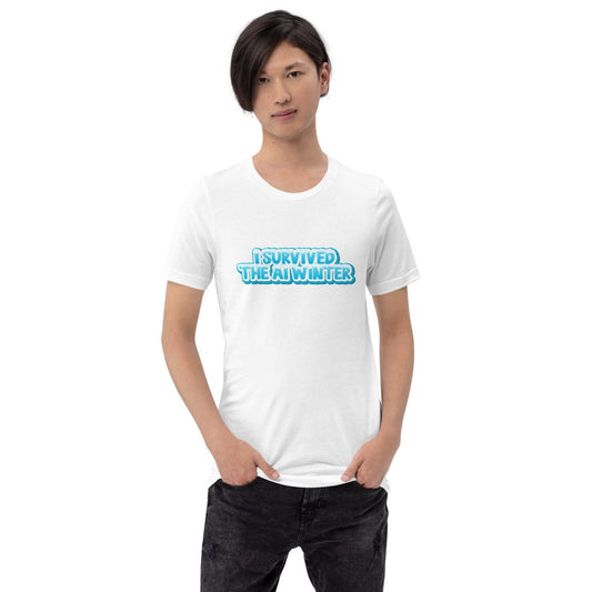 Product mockup photo of the I Survived the AI Winter T Shirt (unisex).
