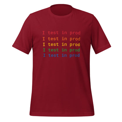 Product mockup photo of the I Test in Prod Rainbow T Shirt (unisex) Cardinal / M.