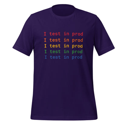 Product mockup photo of the I Test in Prod Rainbow T Shirt (unisex) Team Purple / M.