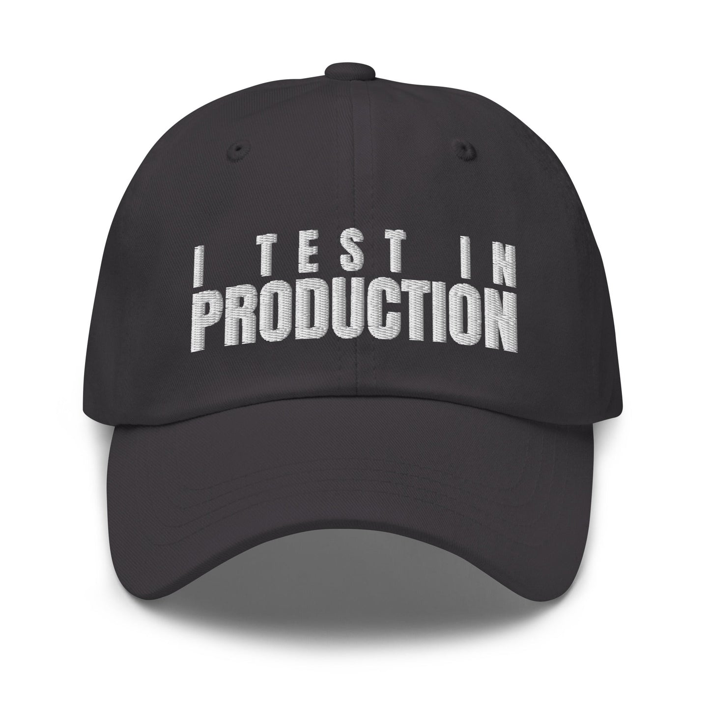 Image of the I Test in Production Cap Dark Grey.