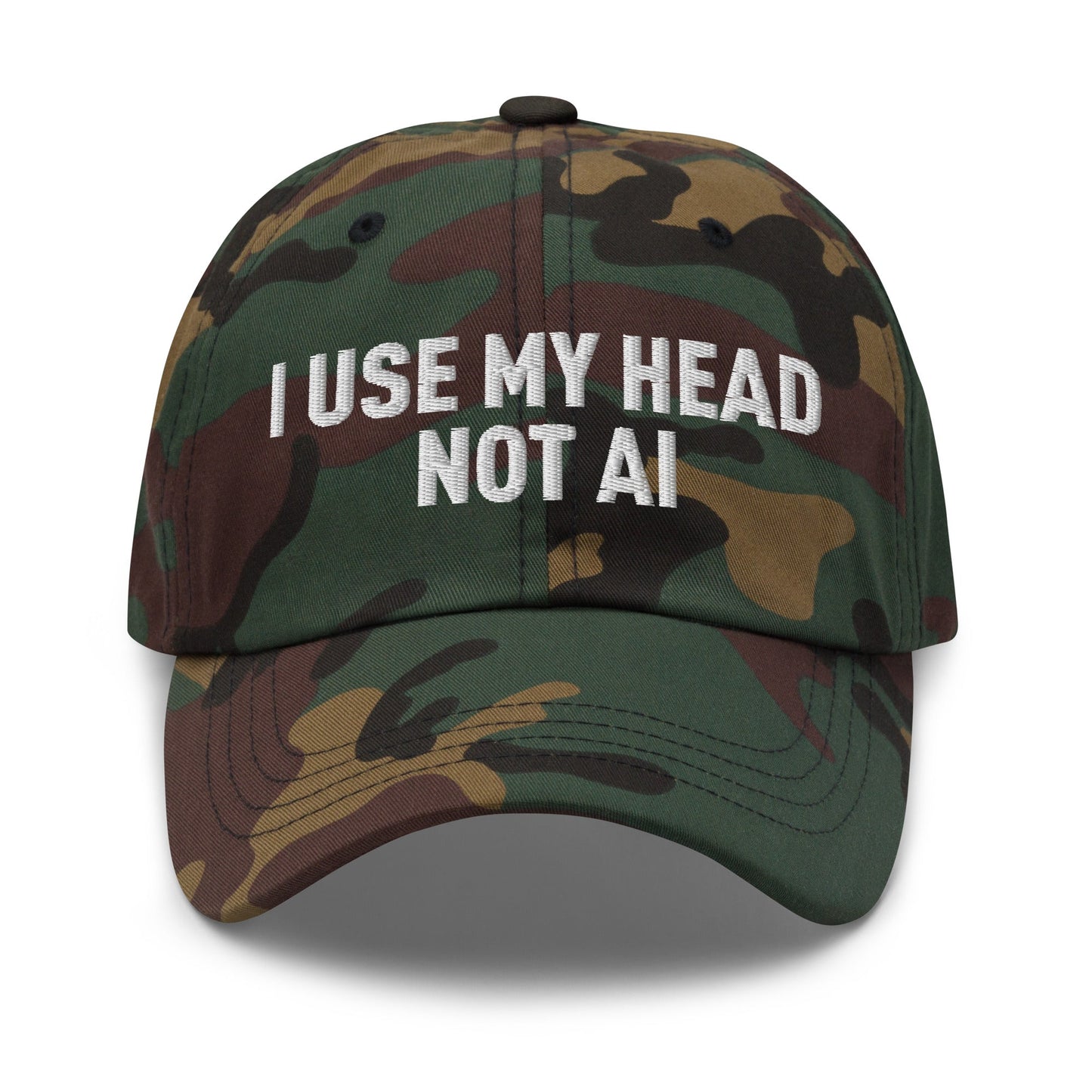Image of the I Use My Head Not AI Cap Green Camo.