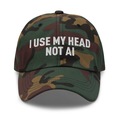 Image of the I Use My Head Not AI Cap Green Camo.