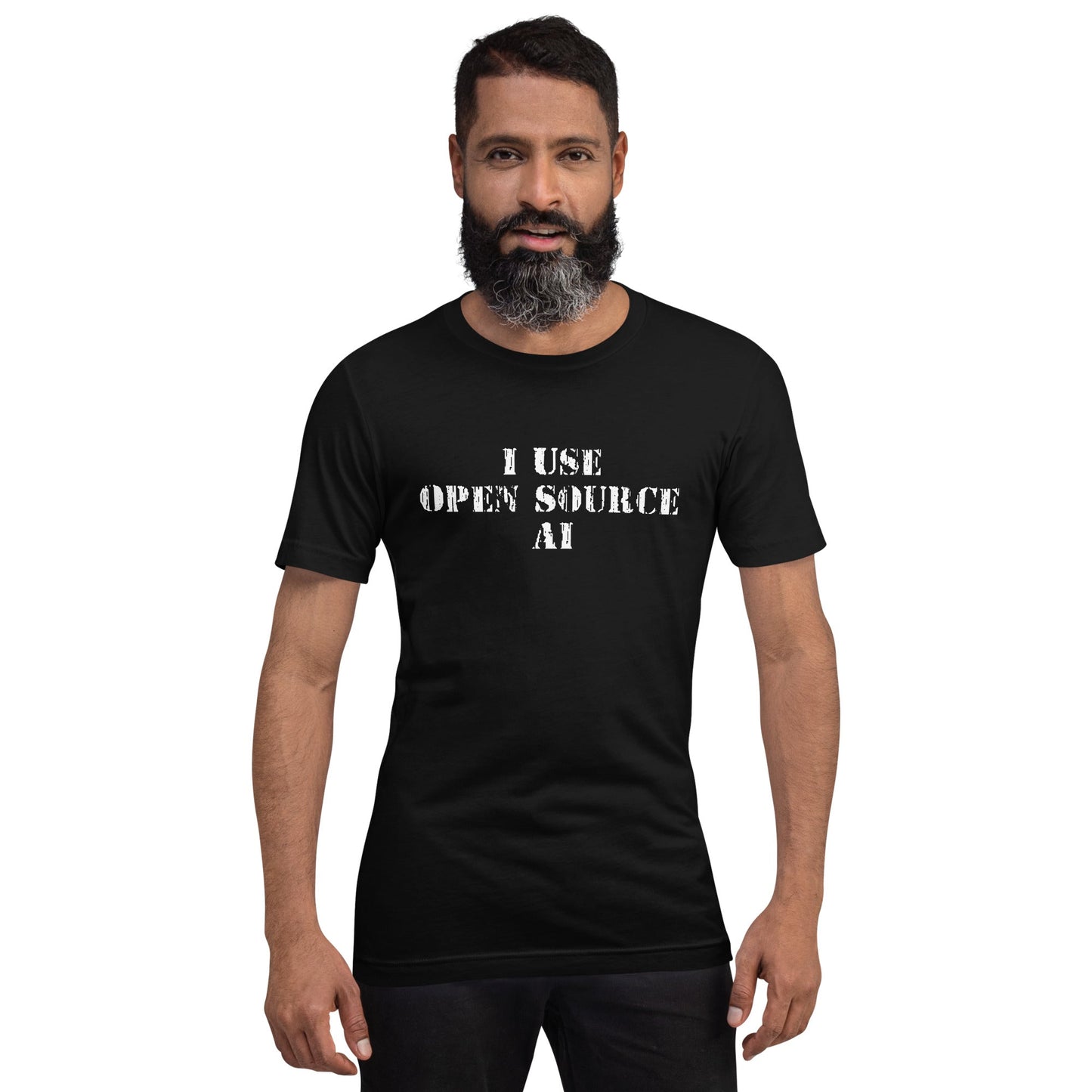 Product mockup photo of the I Use Open Source AI T Shirt (unisex).