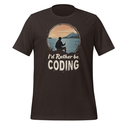 Product mockup photo of the I’d Rather Be Coding T Shirt 2 (unisex) Brown / M.